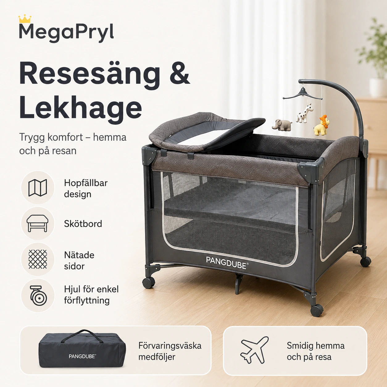 Resesäng för baby med skötbord och hopfällbar design