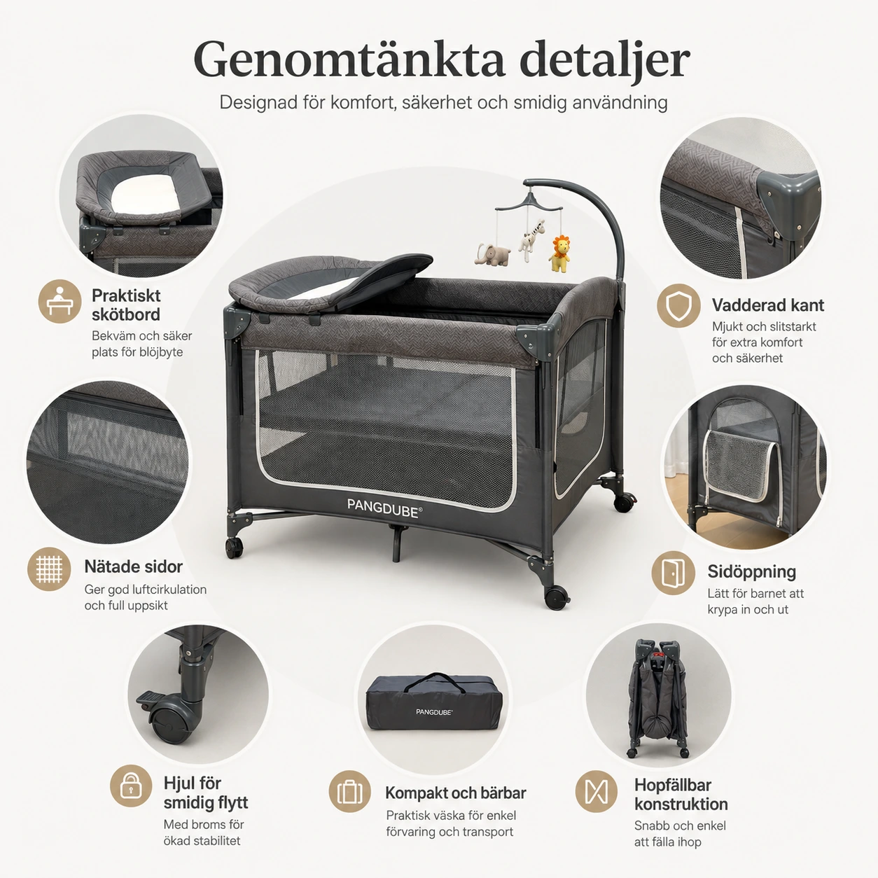 Resesäng för baby med skötbord och hopfällbar design
