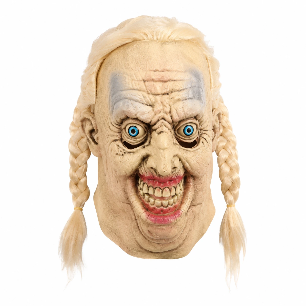 Halloweenmask gammal dam med flätor i latex