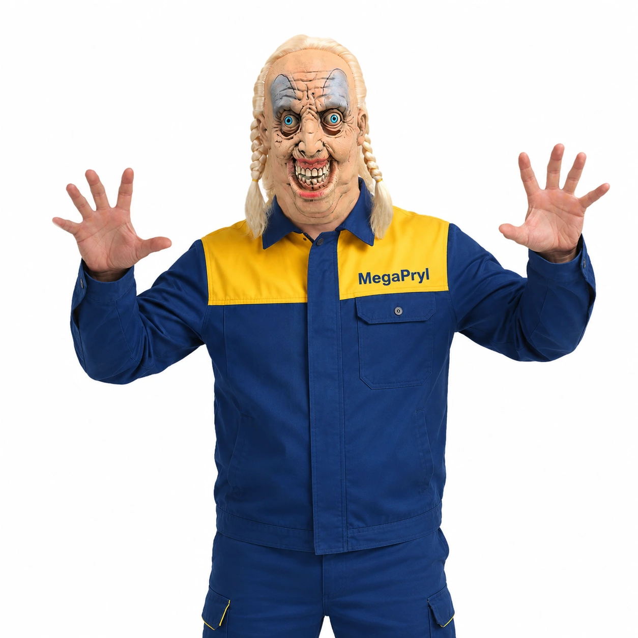 Halloweenmask gammal dam med flätor i latex