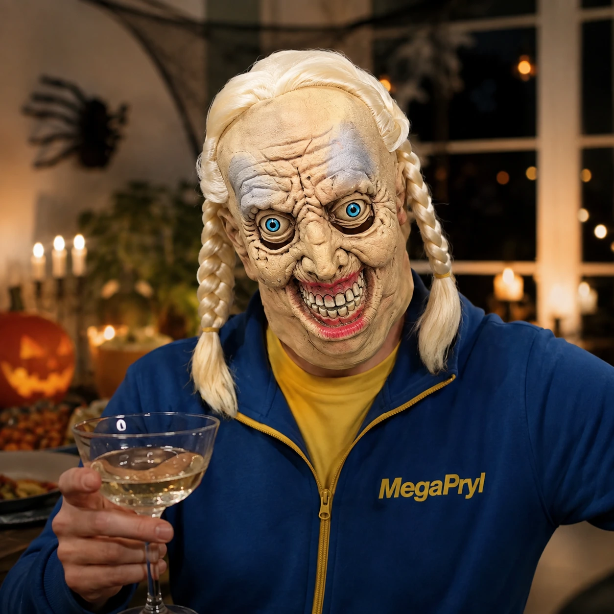 Halloweenmask gammal dam med flätor i latex
