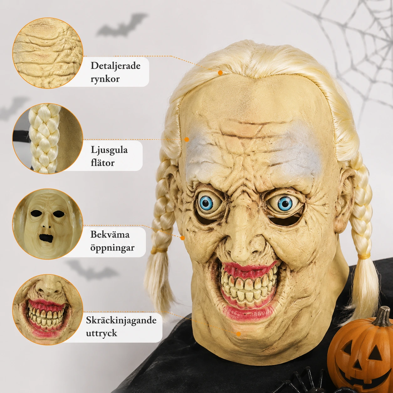 Halloweenmask gammal dam med flätor i latex
