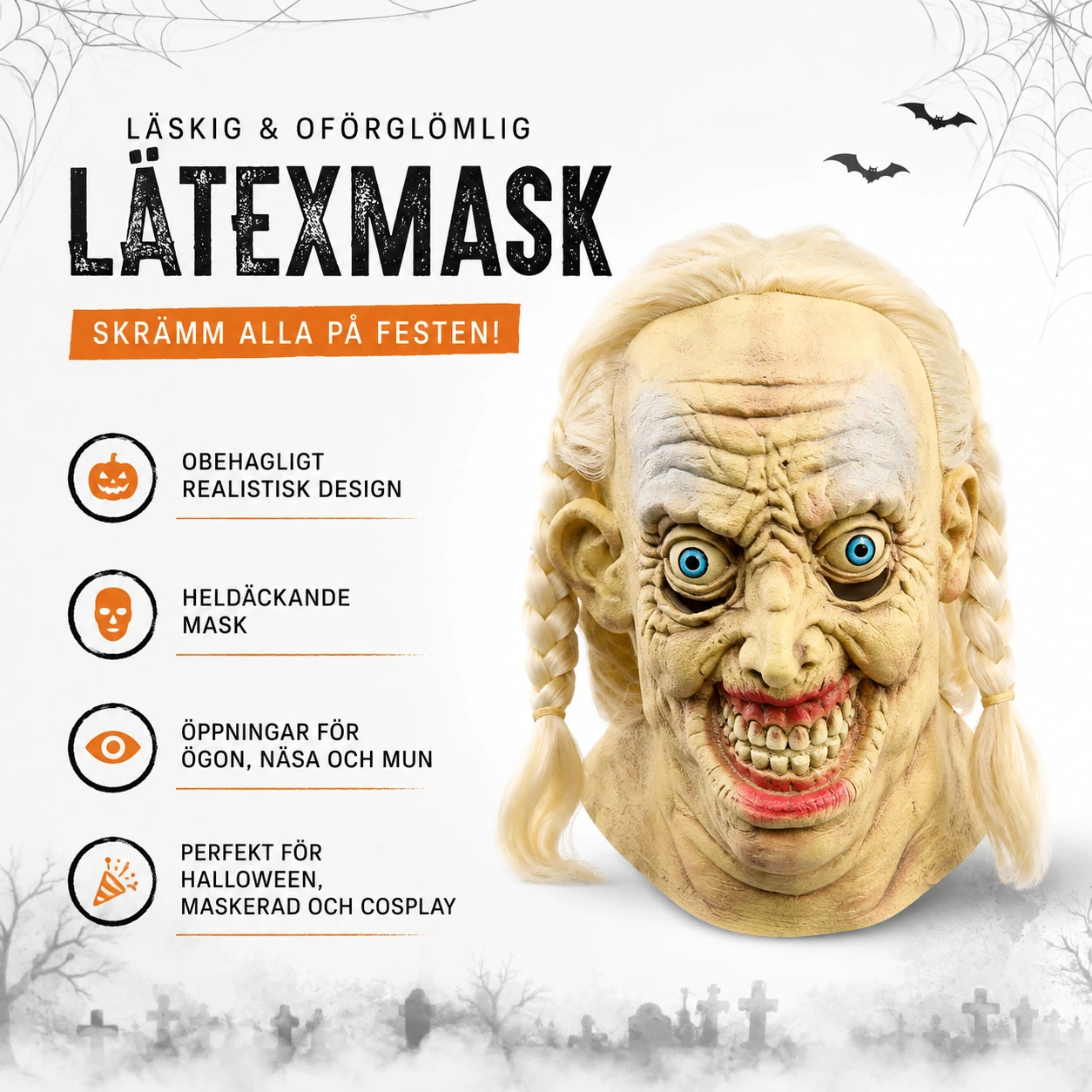 Halloweenmask gammal dam med flätor i latex