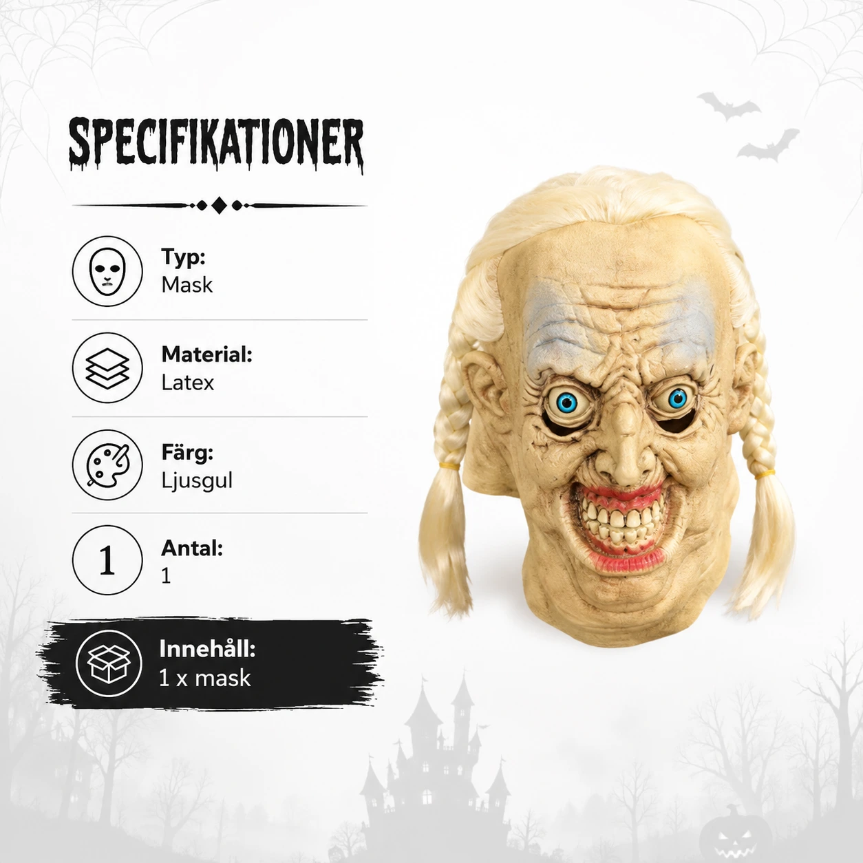 Halloweenmask gammal dam med flätor i latex