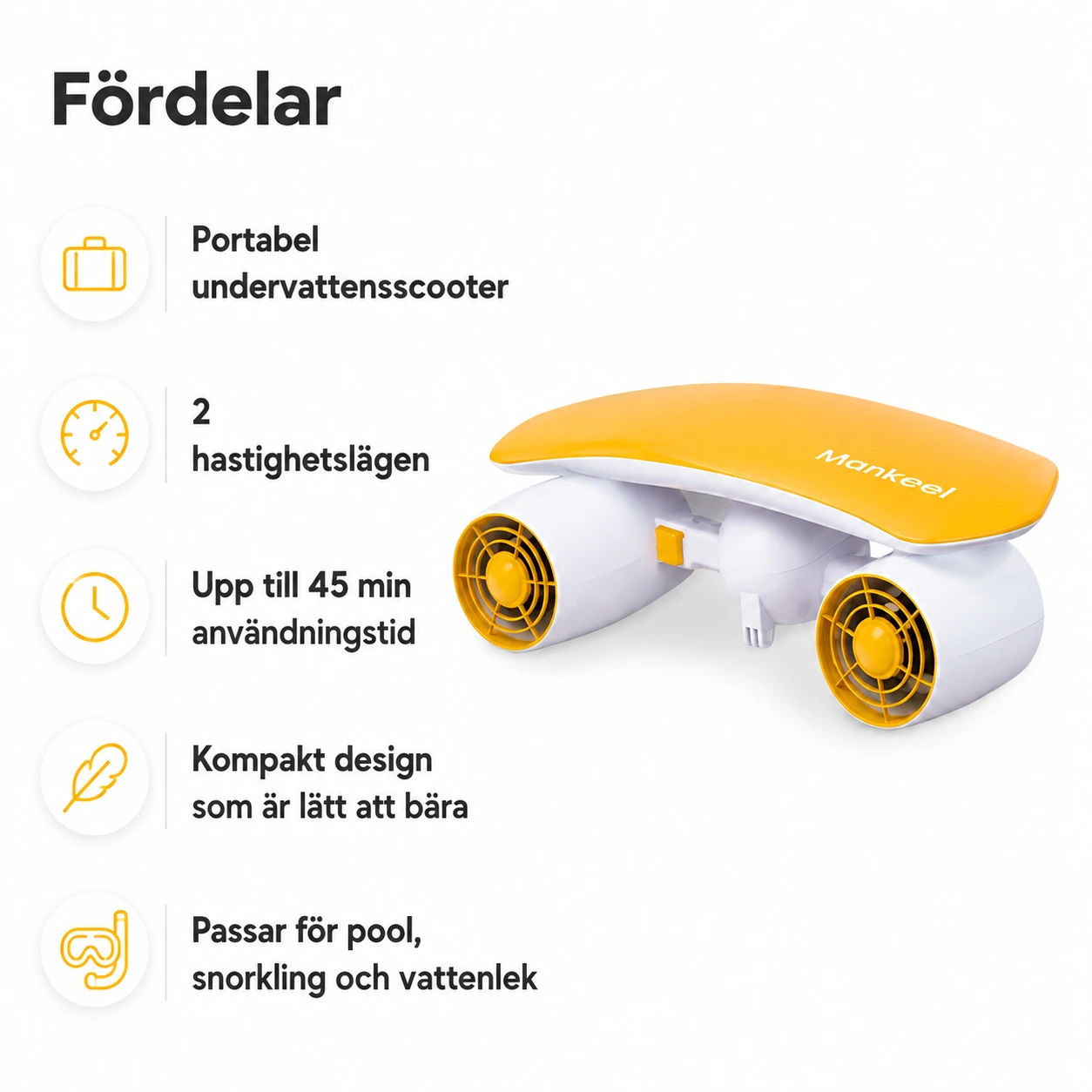 Undervattensscooter för snorkling och pool med 2 hastigheter