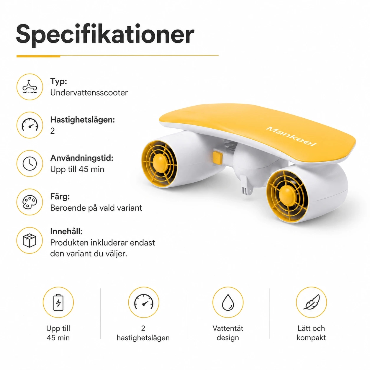 Undervattensscooter för snorkling och pool med 2 hastigheter