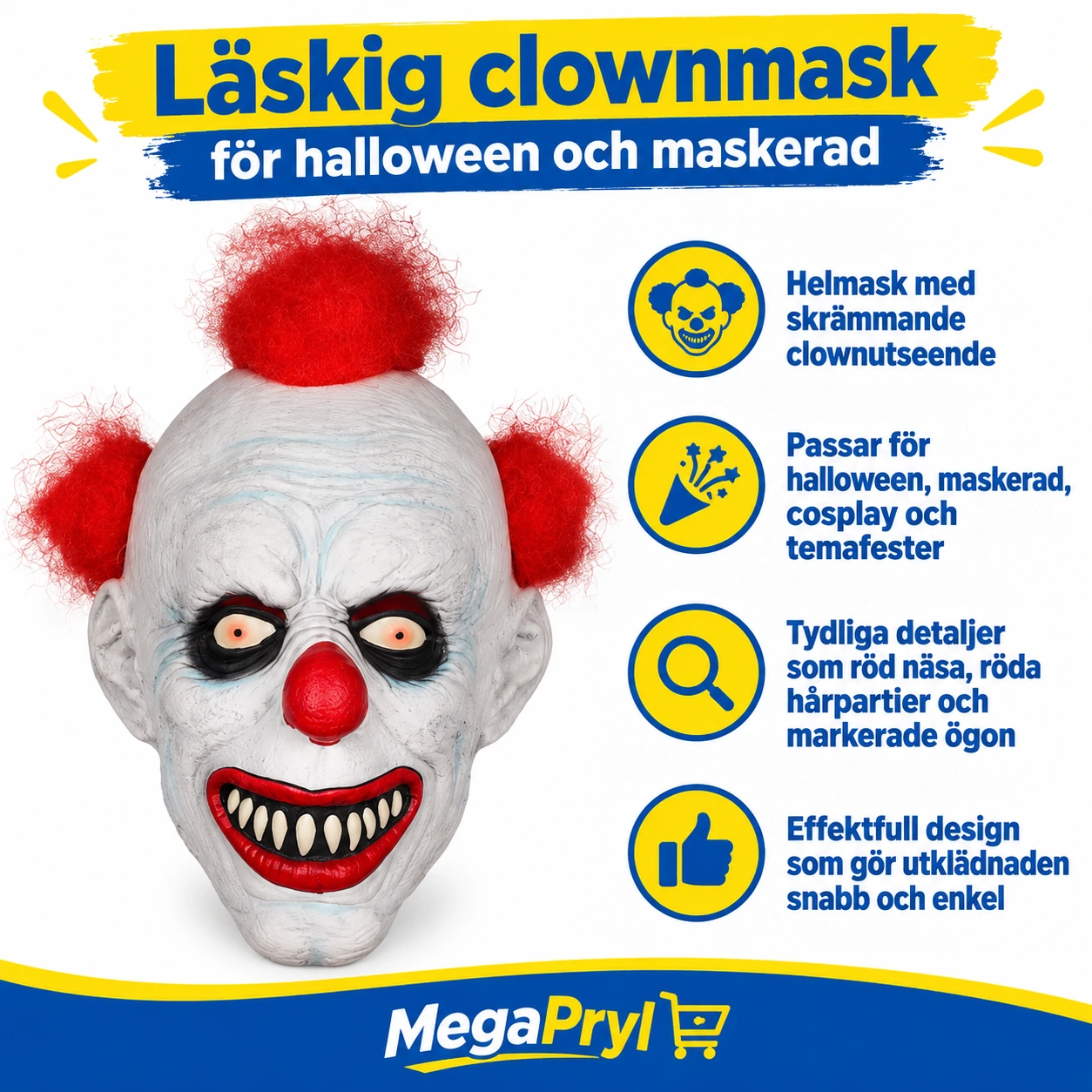 Läskig clownmask för halloween och maskerad