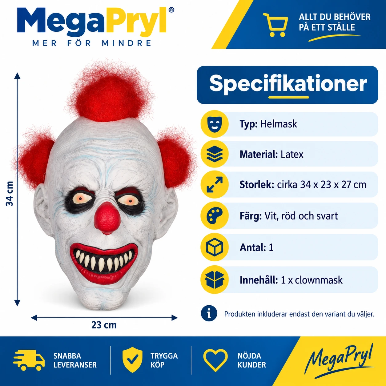 Läskig clownmask för halloween och maskerad