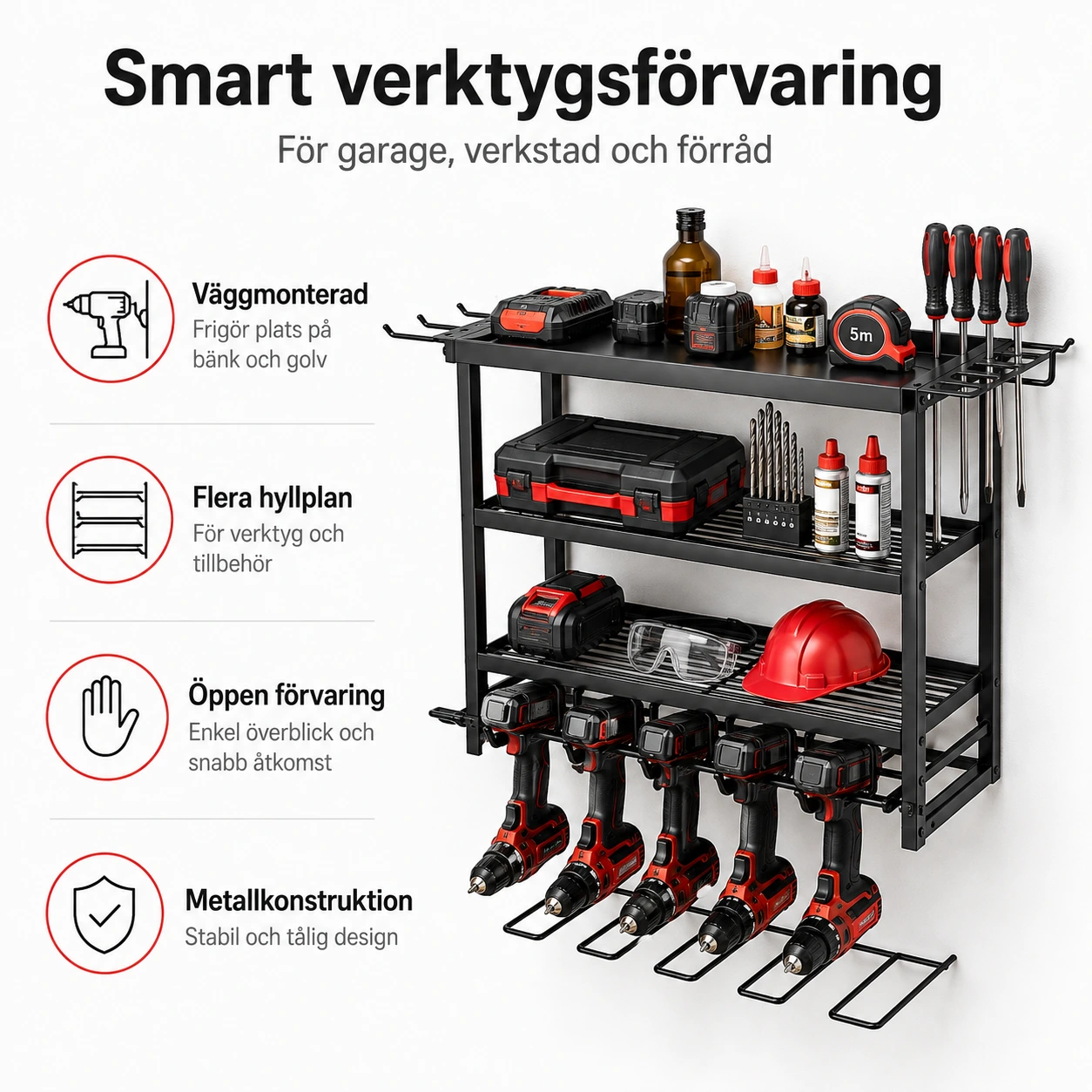 Väggmonterad verktygsförvaring för garage och verkstad