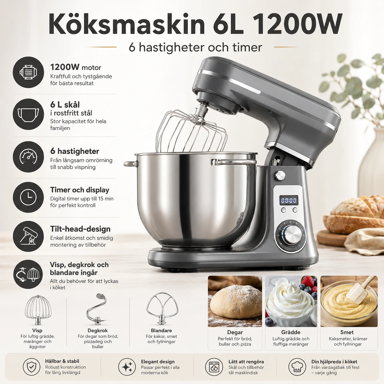 Köksmaskin 6L 1200W med 6 Hastigheter och Timer