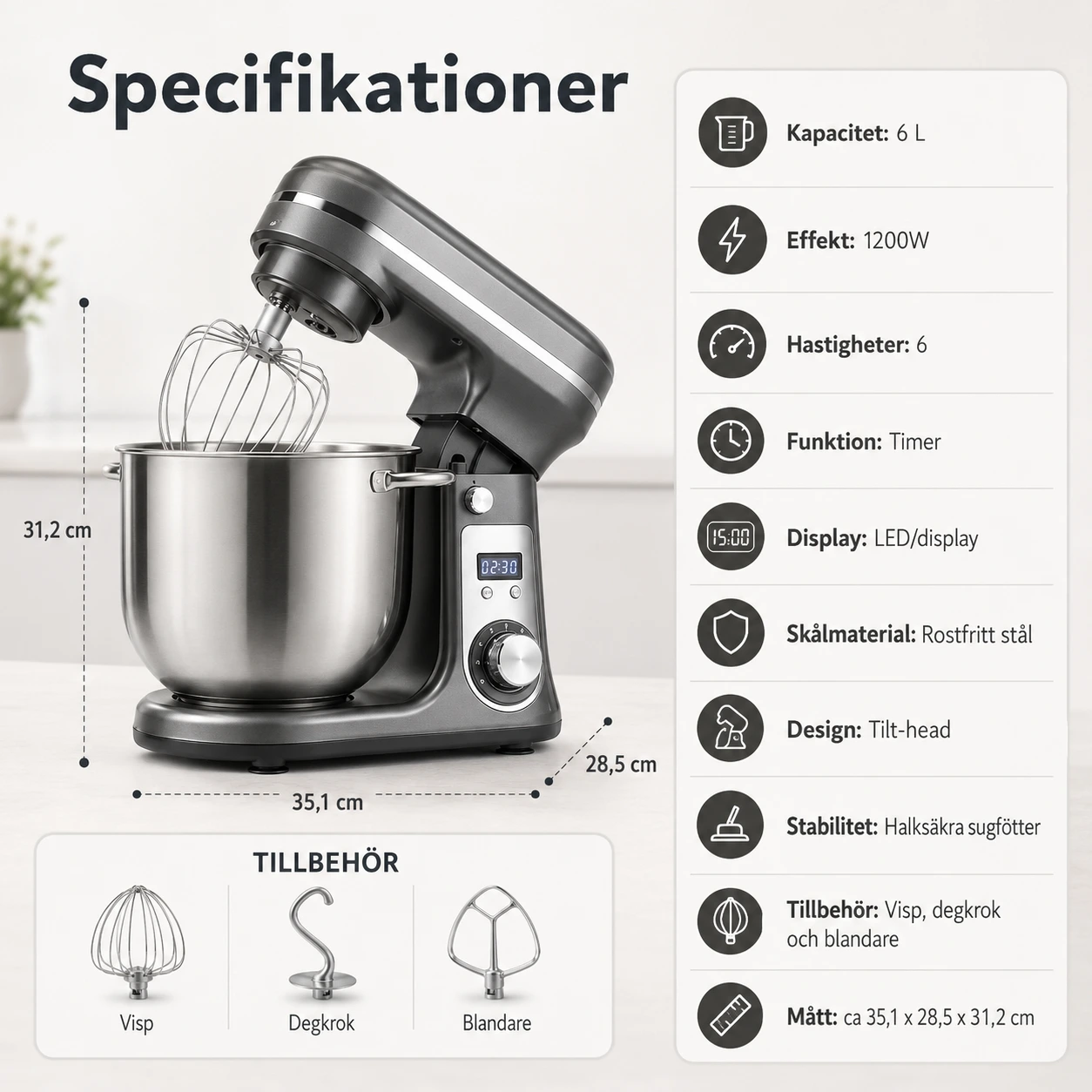 Köksmaskin 6L 1200W med 6 Hastigheter och Timer
