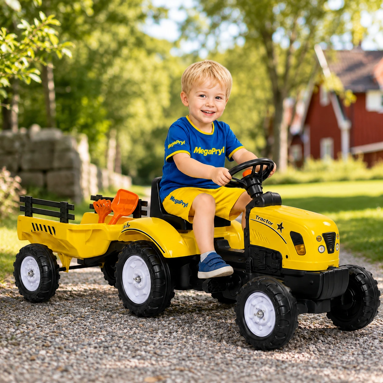 Pedaltraktor för barn med släp och sandverktyg