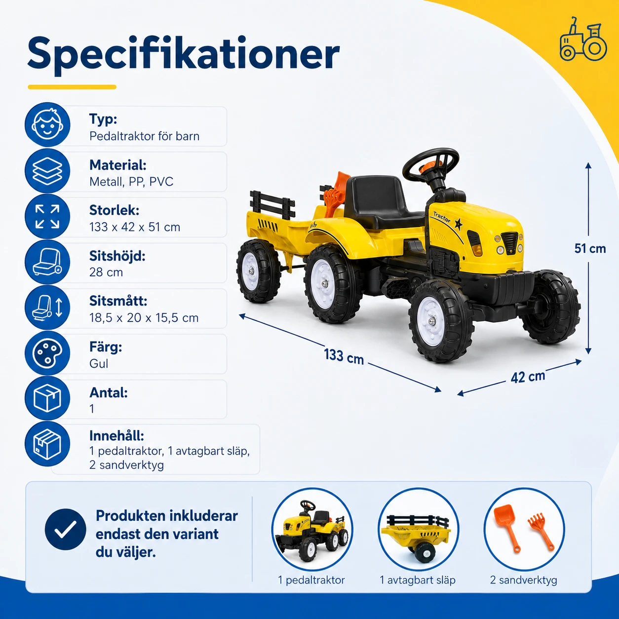 Pedaltraktor för barn med släp och sandverktyg