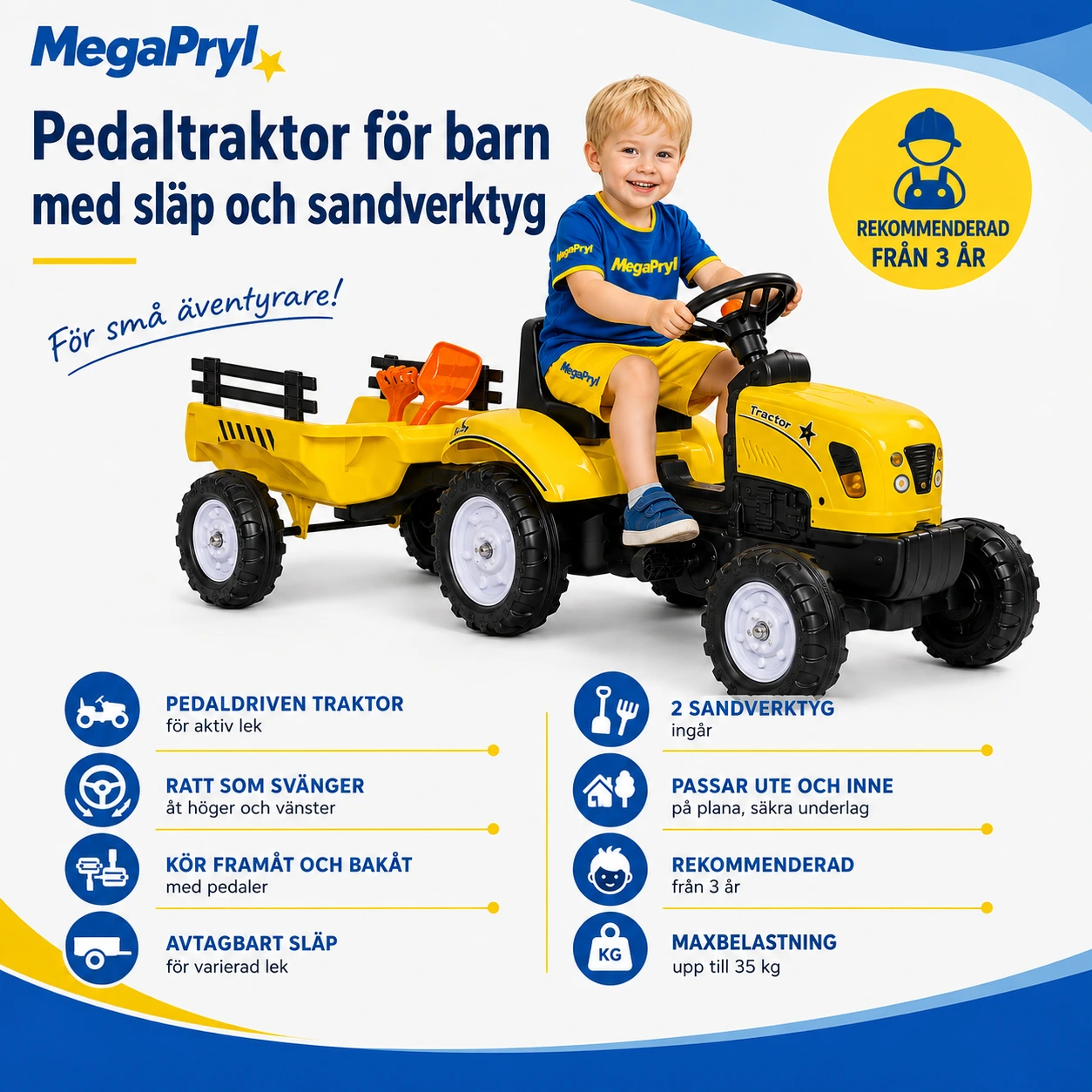 Pedaltraktor för barn med släp och sandverktyg