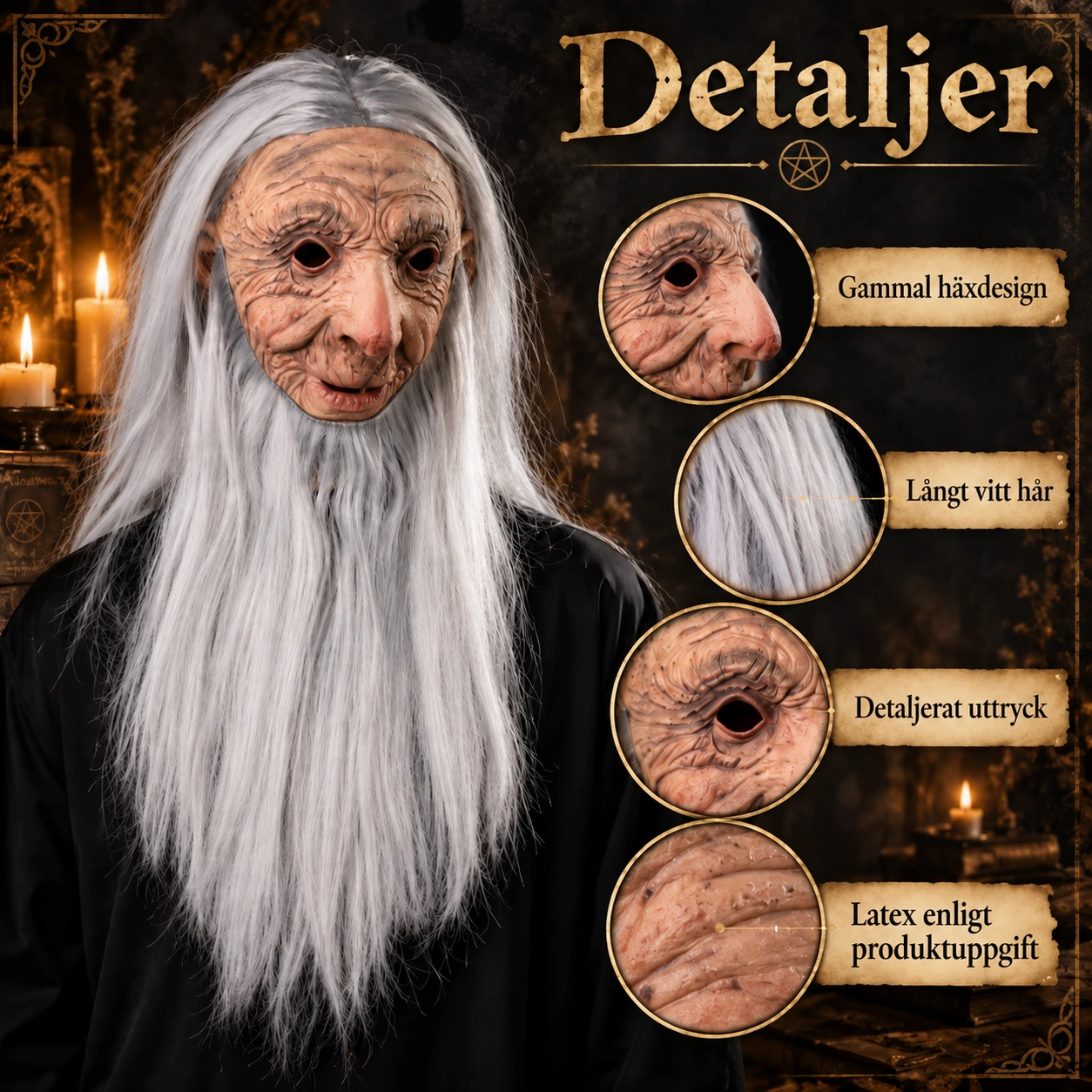 Mask gammal häxa i latex med vitt hår