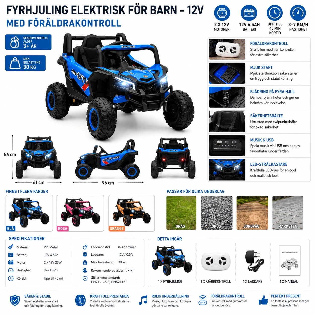 Fyrhjuling Elektrisk för Barn – 12V med Föräldrakontroll