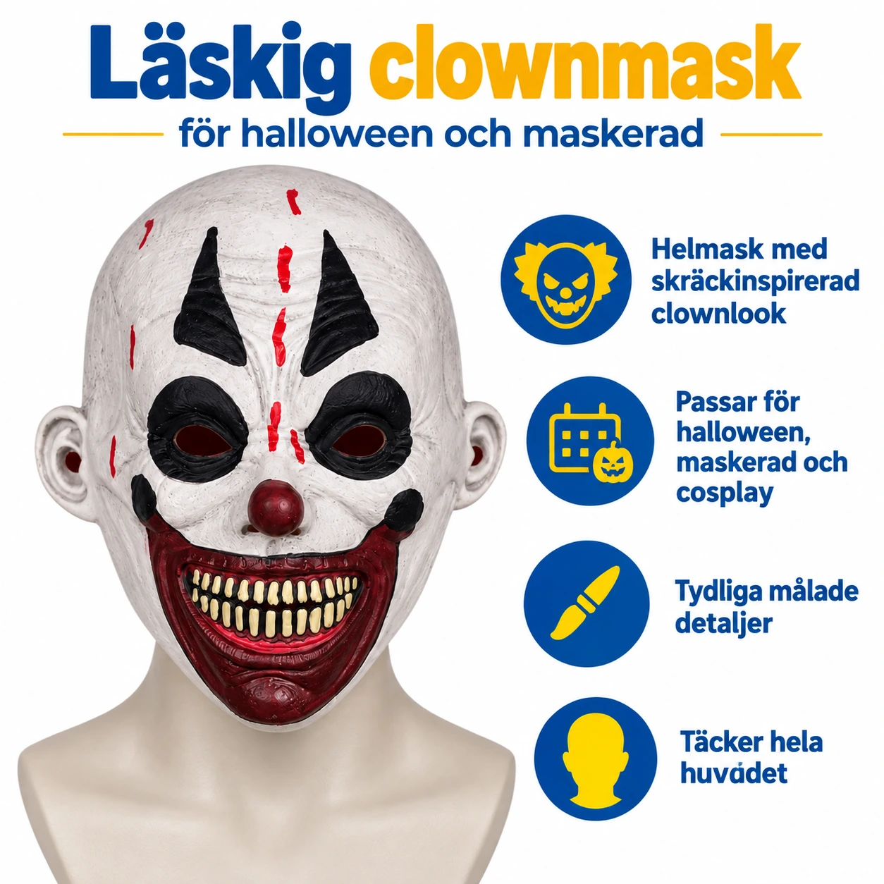 Läskig clownmask för halloween och maskerad