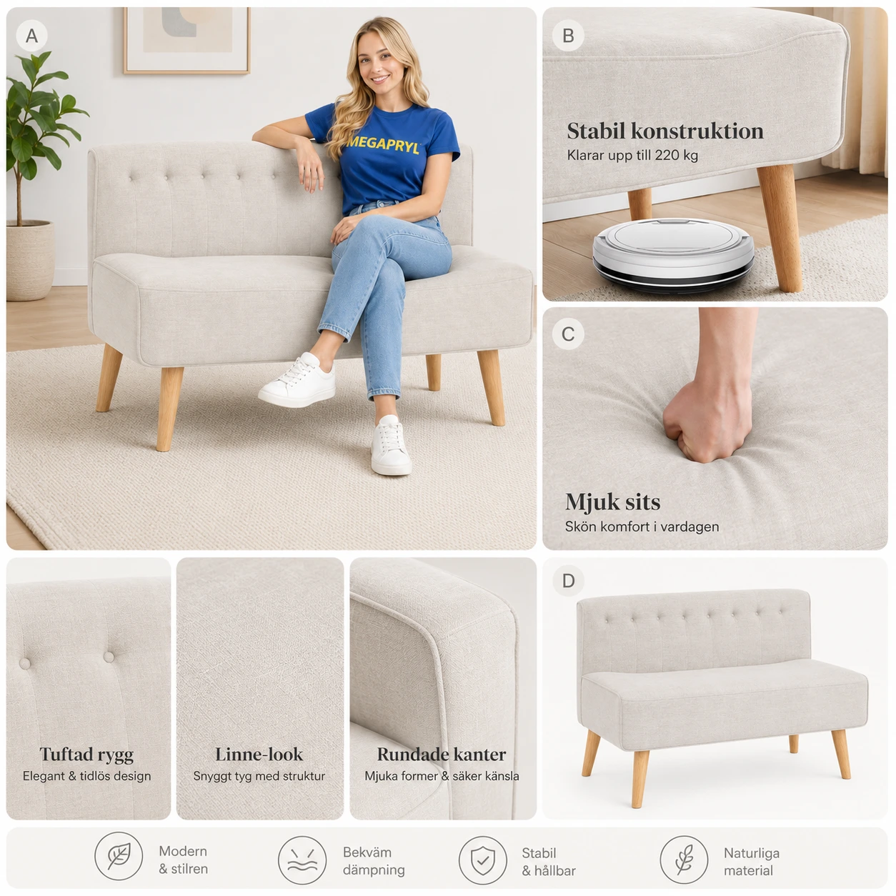 2-Sitssoffa i Linne Beige med Träben