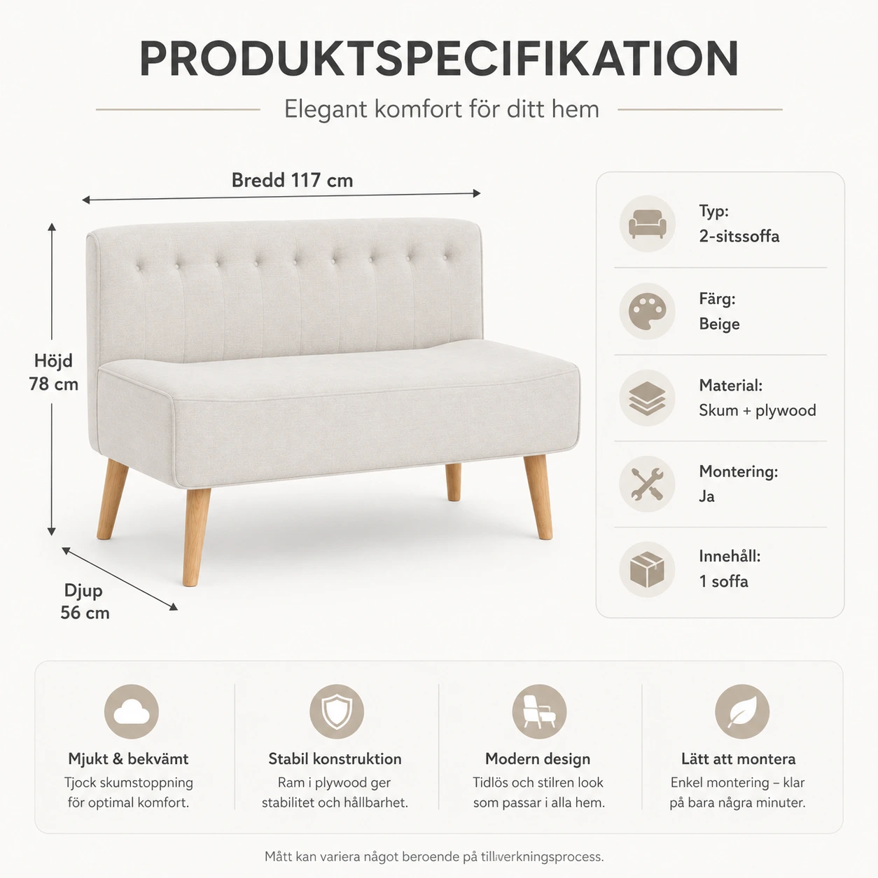 2-Sitssoffa i Linne Beige med Träben