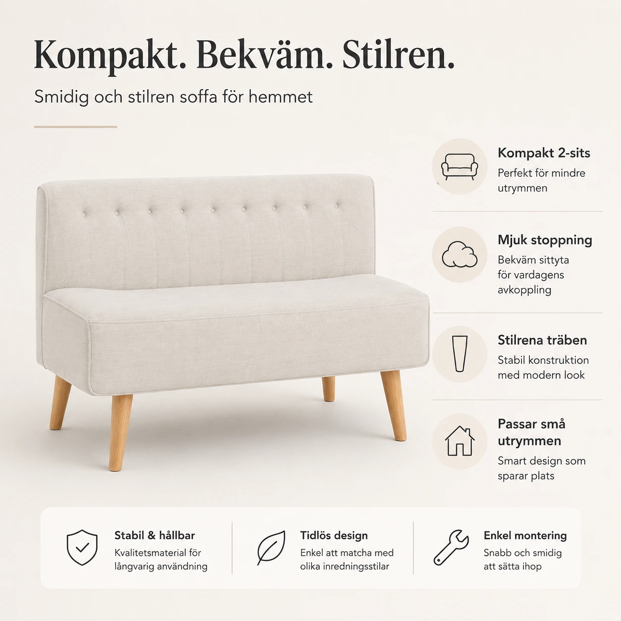 2-Sitssoffa i Linne Beige med Träben