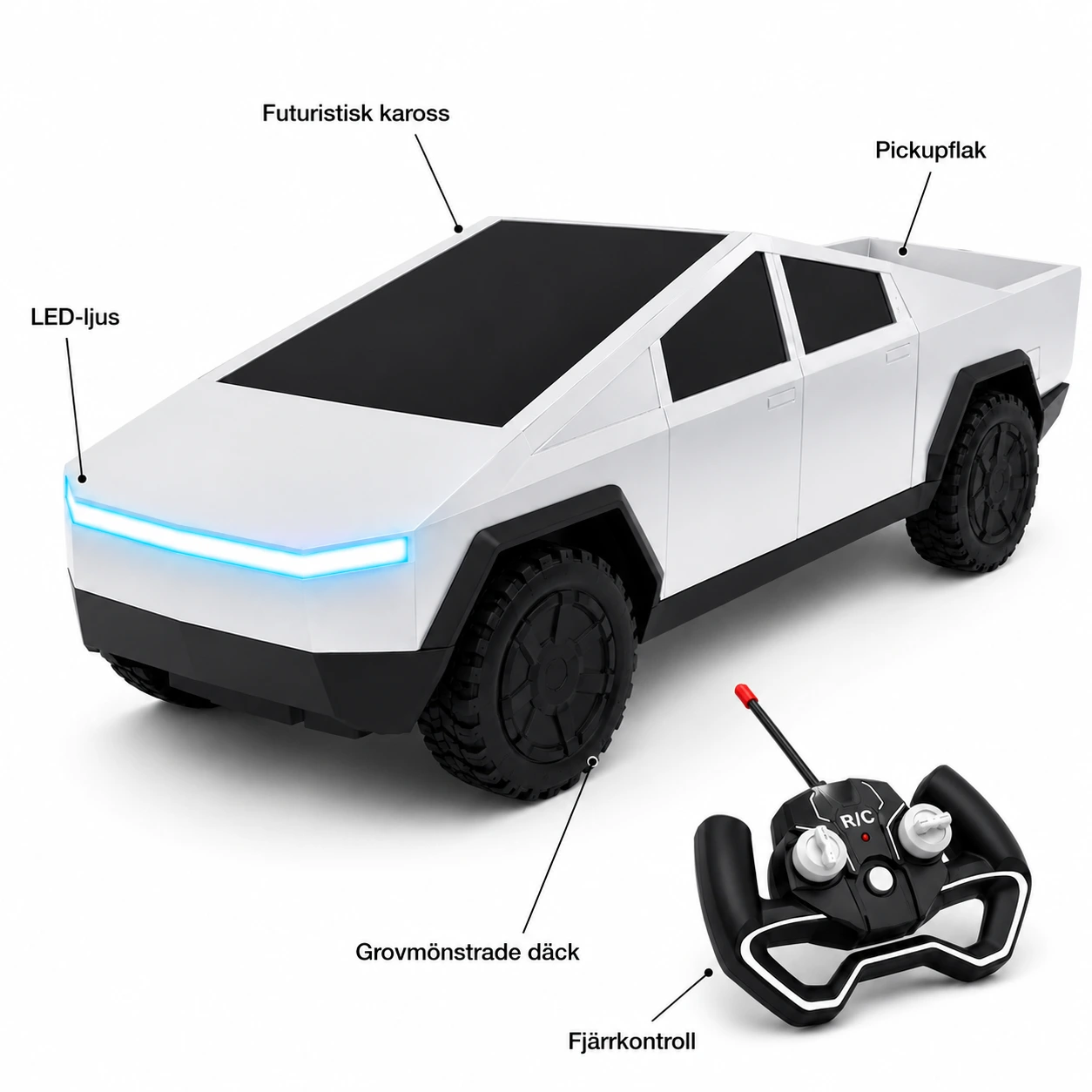 Radiostyrd pickup för barn med LED-ljus och uppladdningsbart batteri
