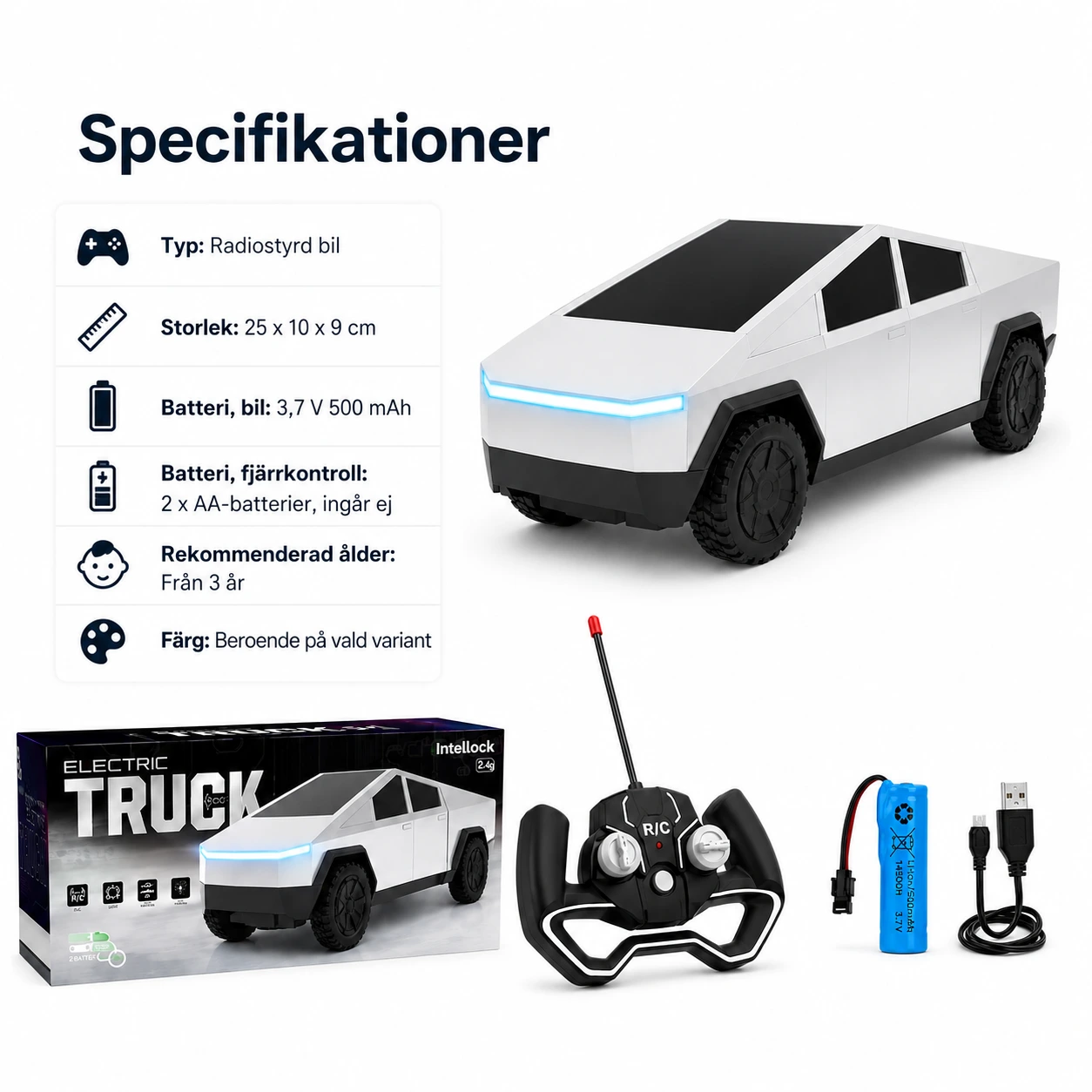 Radiostyrd pickup för barn med LED-ljus och uppladdningsbart batteri