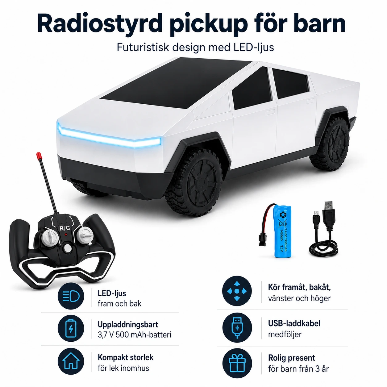 Radiostyrd pickup för barn med LED-ljus och uppladdningsbart batteri