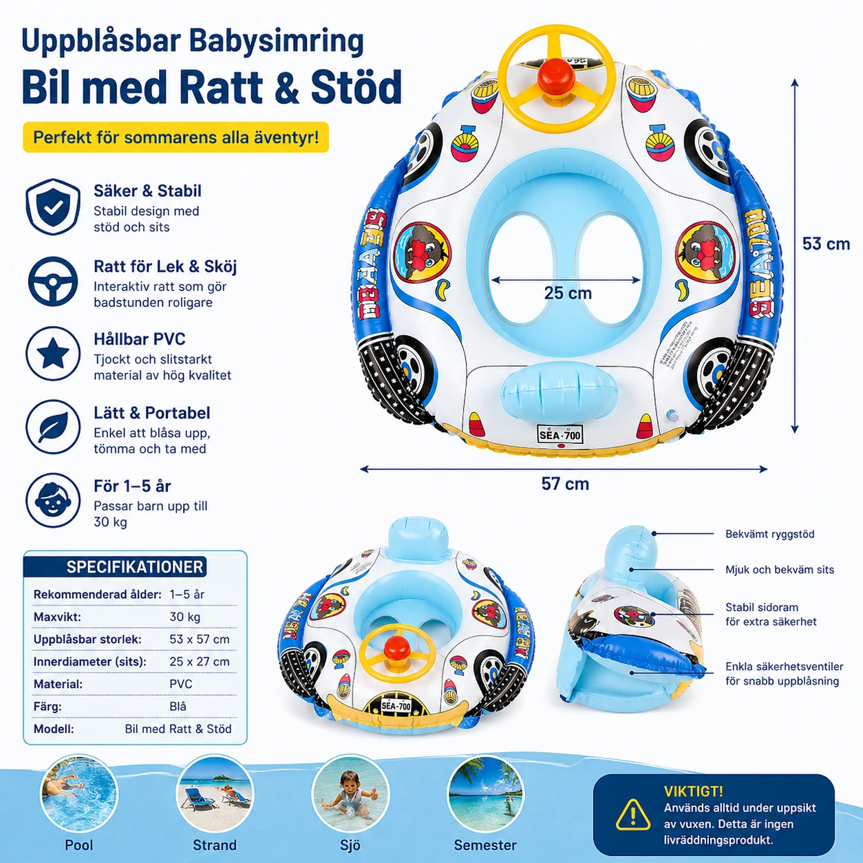 Uppblåsbar Babysimring – Bil med Ratt & Stöd