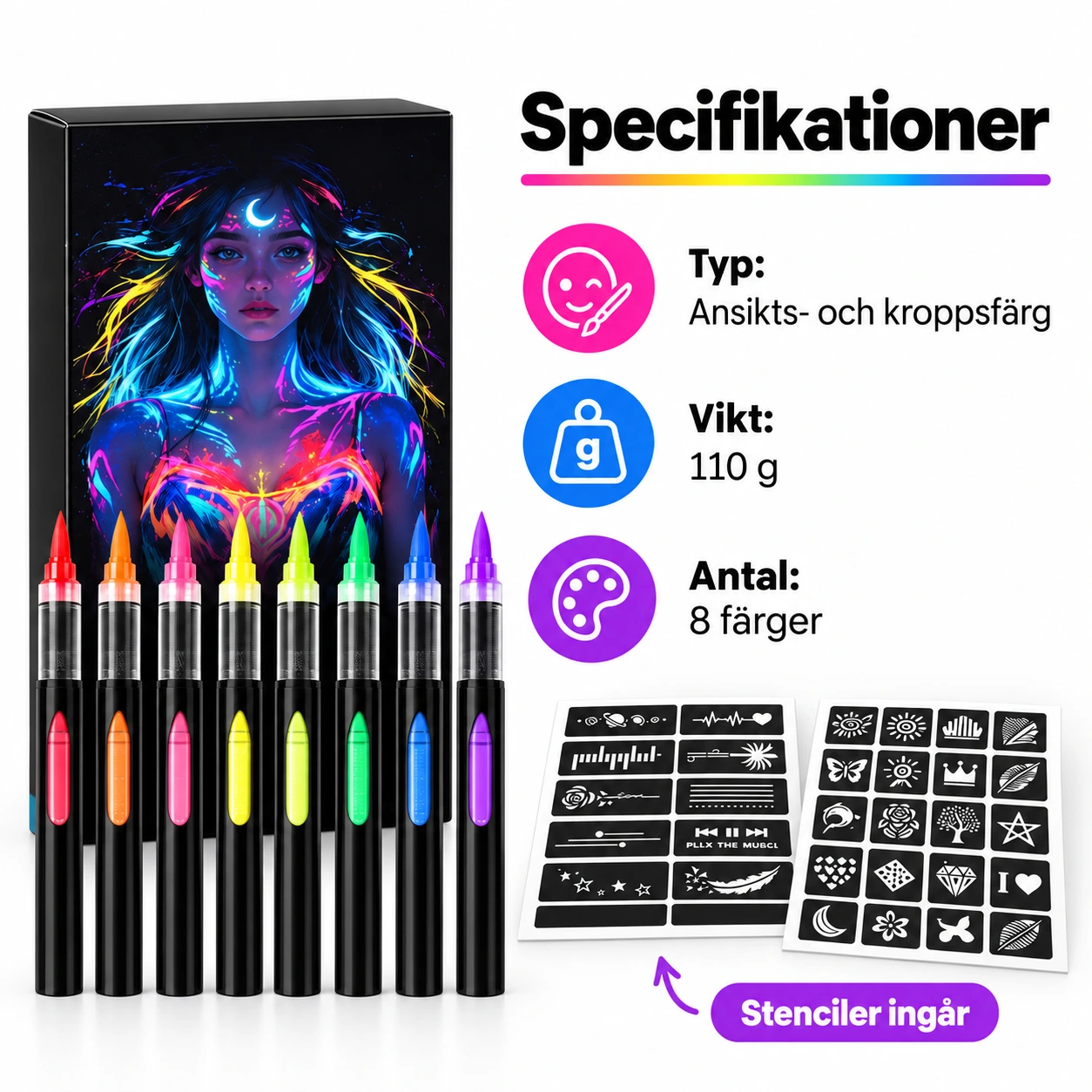 UV ansikts- og kroppsmaling med fin spiss, 8 farger