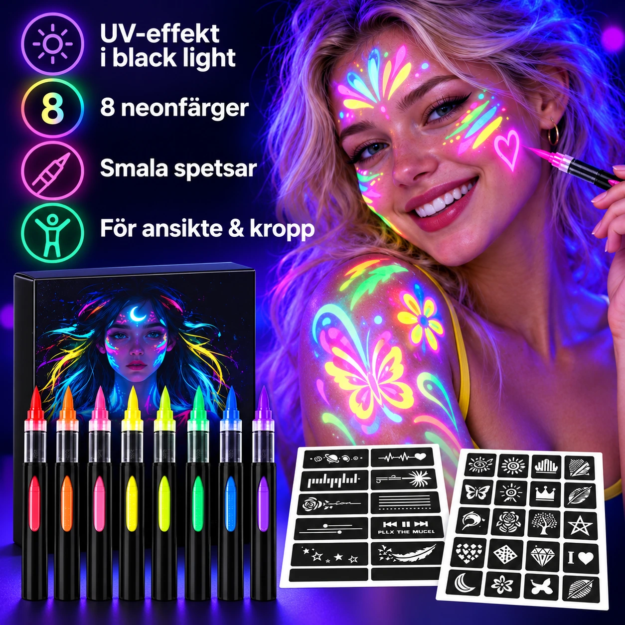 UV ansikts- og kroppsmaling med fin spiss, 8 farger