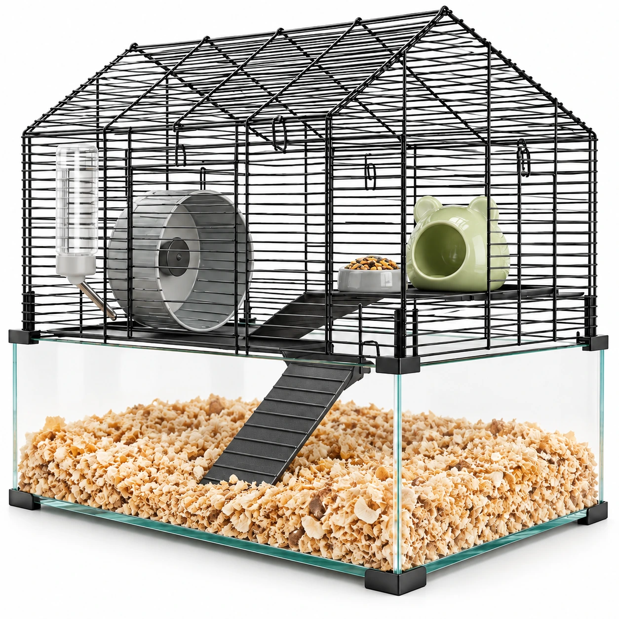 Hamsterbur i metall och glas med flera nivåer
