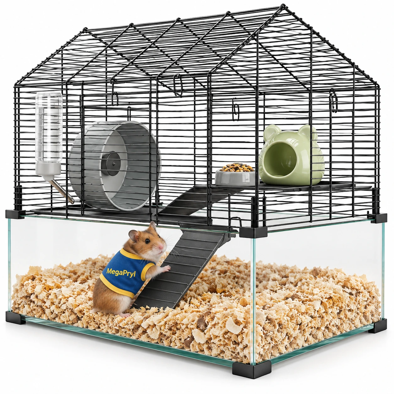 Hamsterbur i metall och glas med flera nivåer
