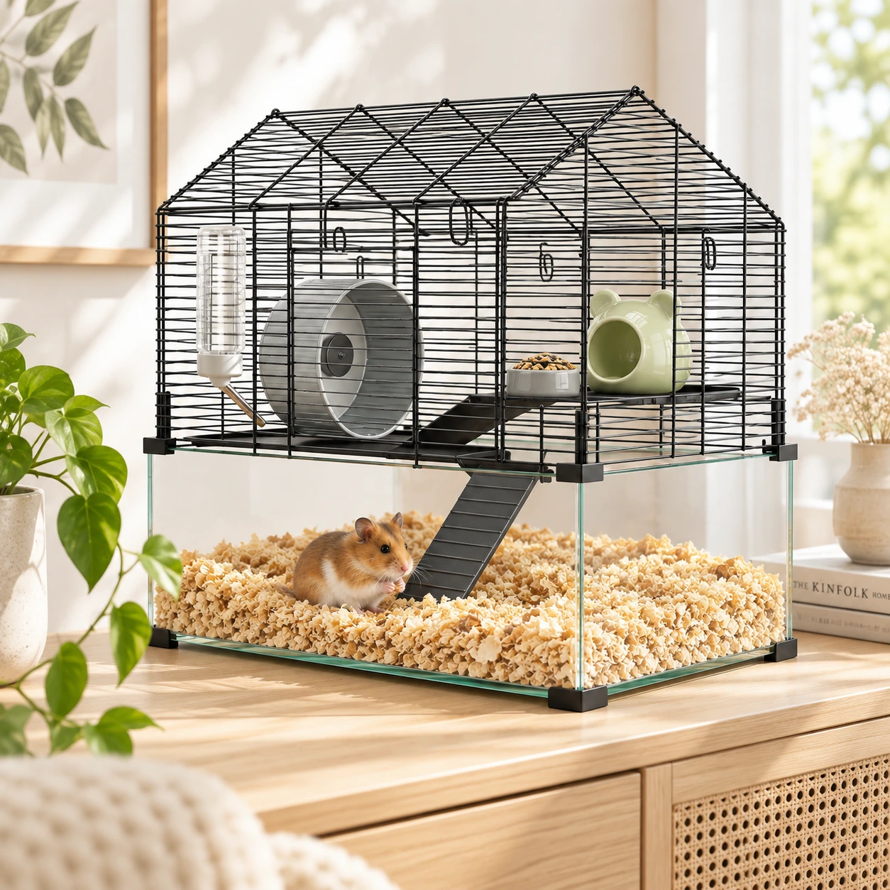 Hamsterbur i metall och glas med flera nivåer
