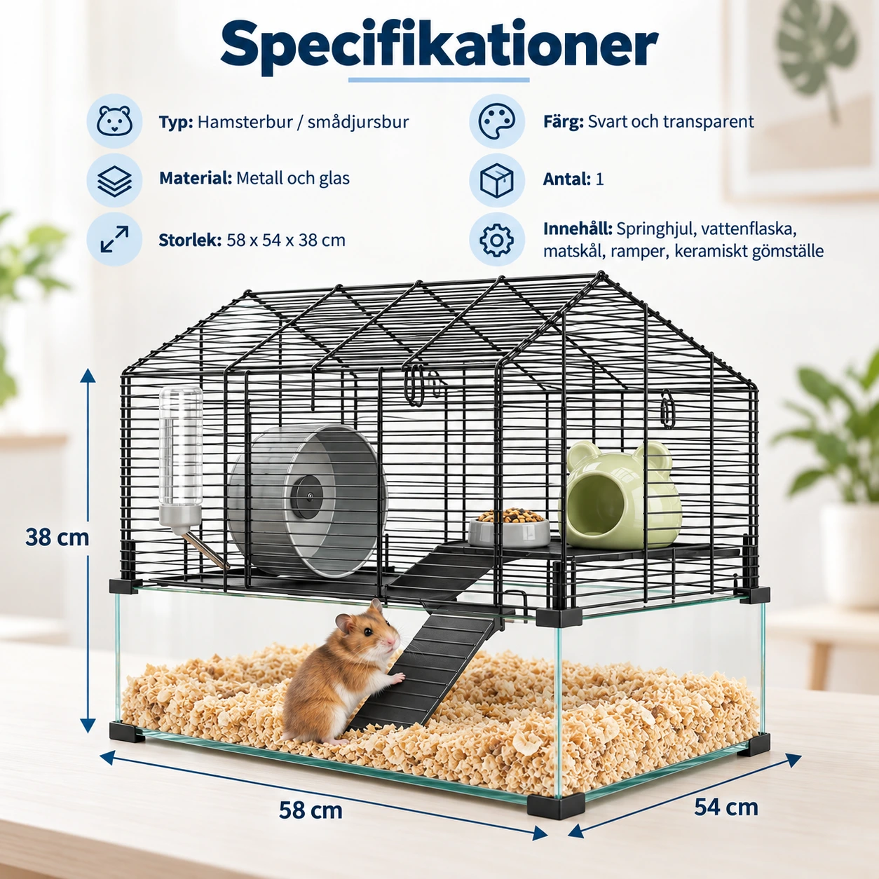 Hamsterbur i metall och glas med flera nivåer