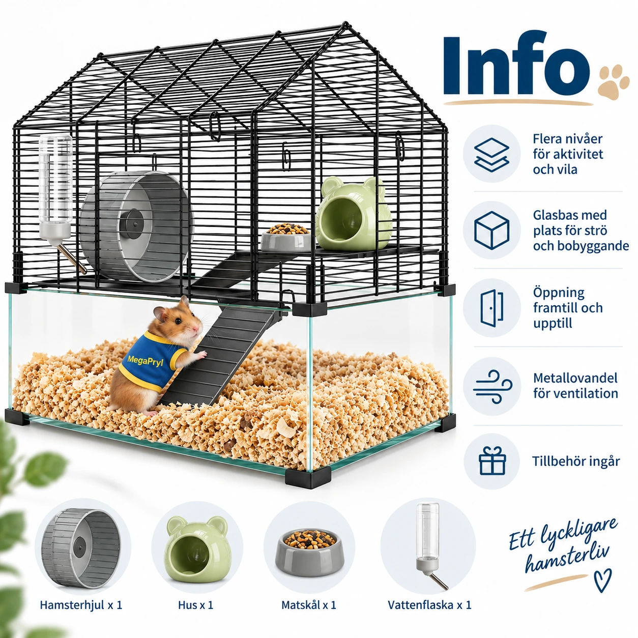 Hamsterbur i metall och glas med flera nivåer