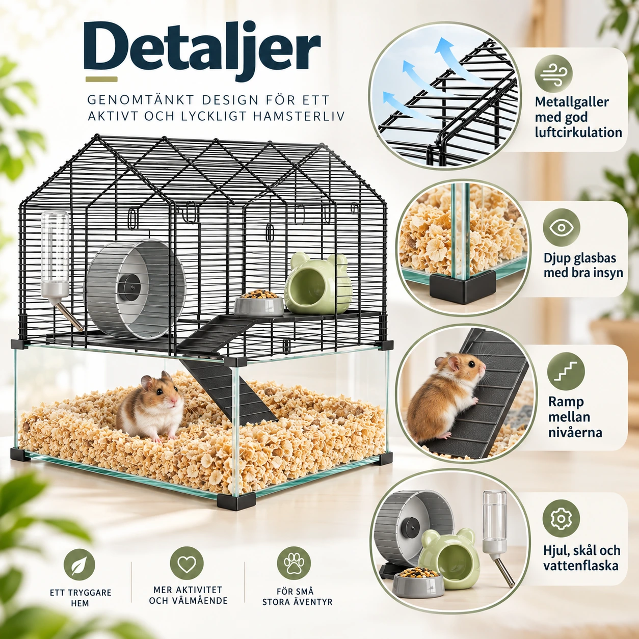 Hamsterbur i metall och glas med flera nivåer