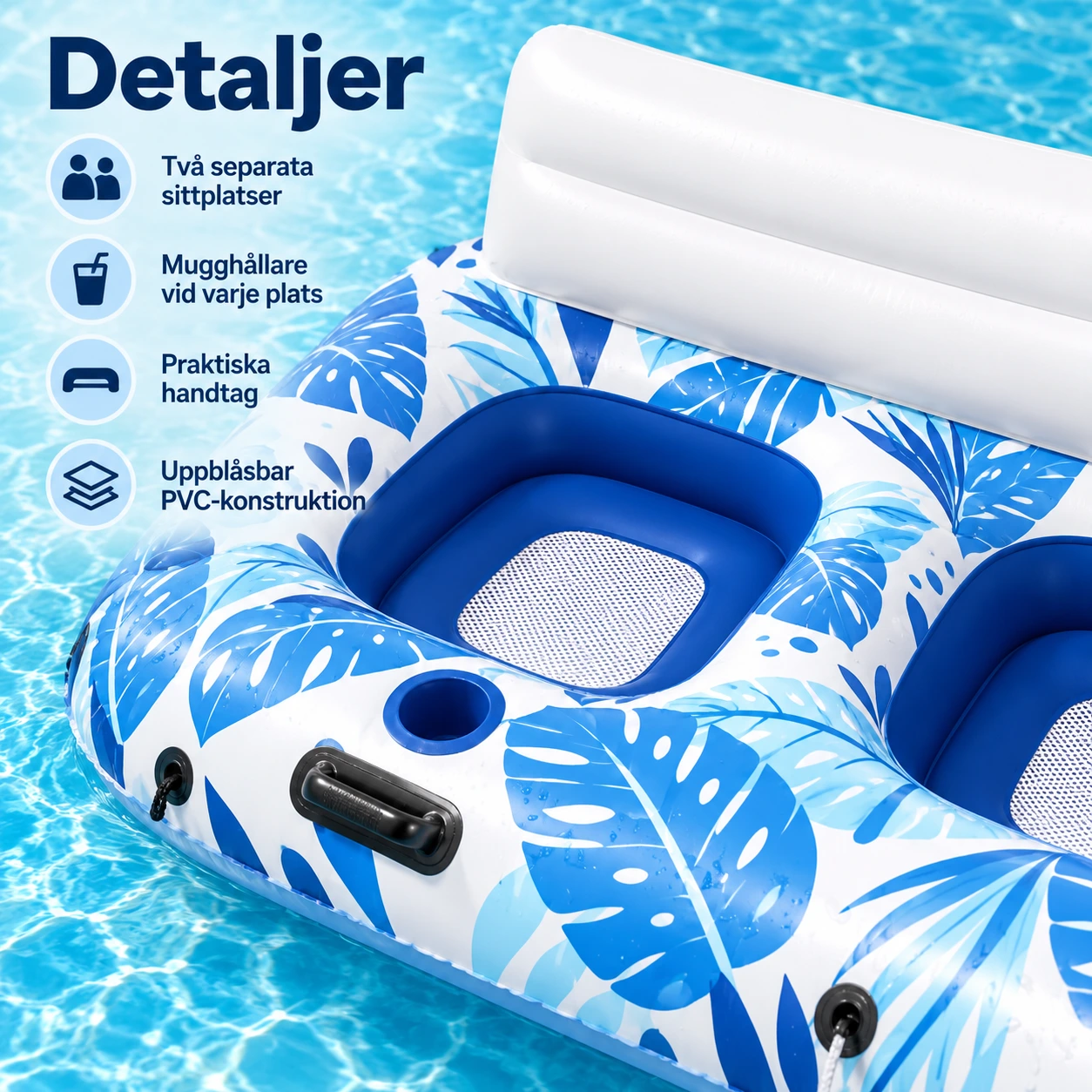 Uppblåsbar poolfloat för 2 personer med ryggstöd