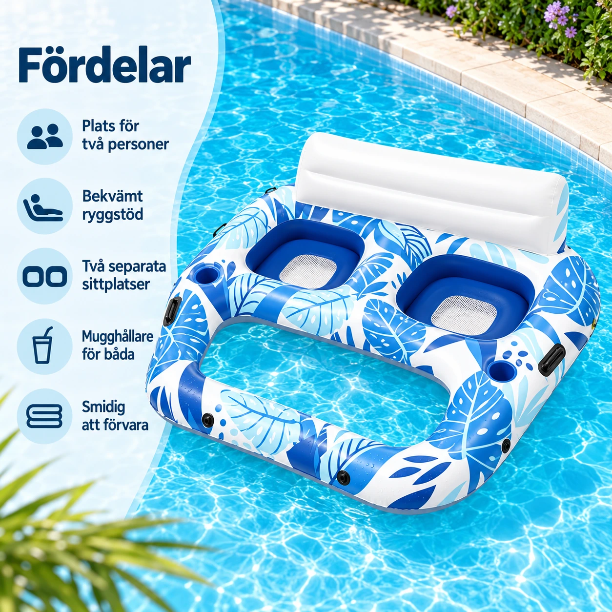 Uppblåsbar poolfloat för 2 personer med ryggstöd