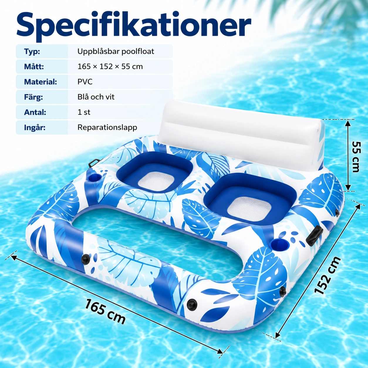 Uppblåsbar poolfloat för 2 personer med ryggstöd