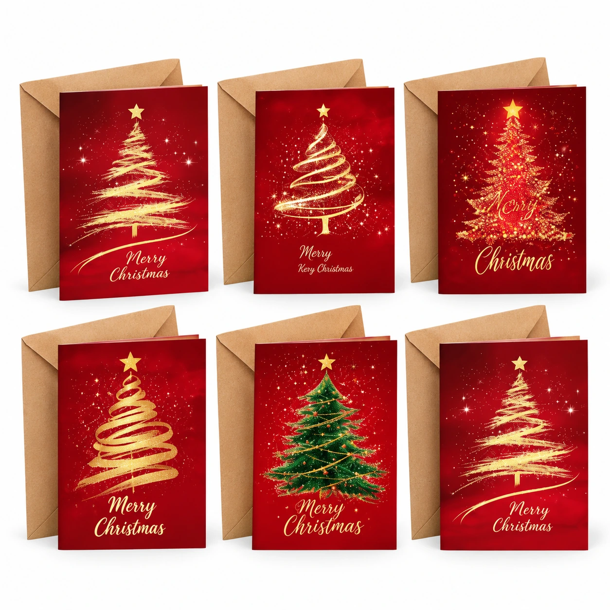 Julkort med granmotiv och kuvert, 12 delar