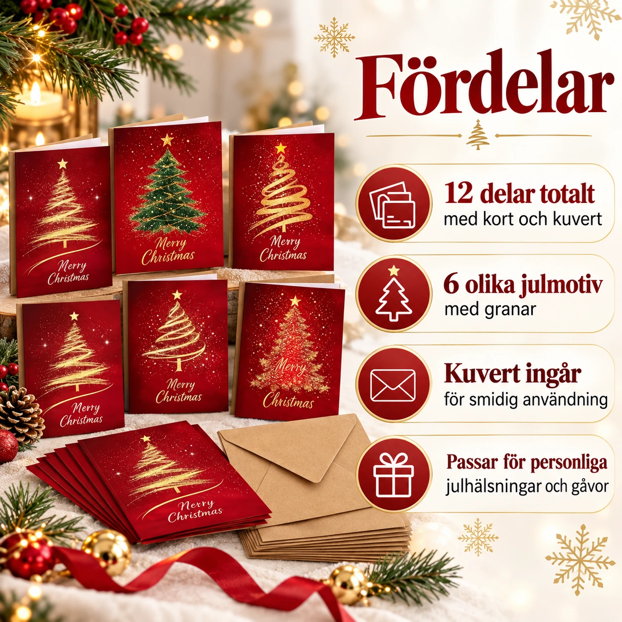 Julkort med granmotiv och kuvert, 12 delar