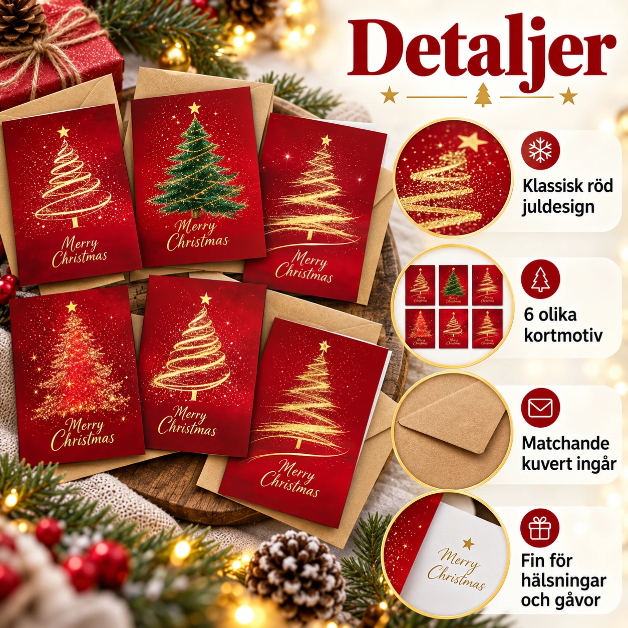 Julkort med granmotiv och kuvert, 12 delar