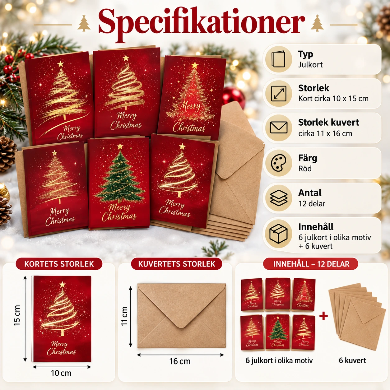 Julkort med granmotiv och kuvert, 12 delar