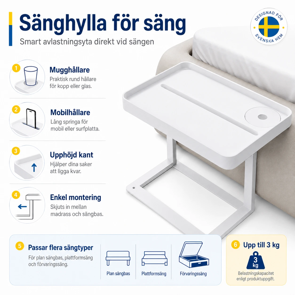 Sänghylla för säng med mugghållare och hållare för mobil