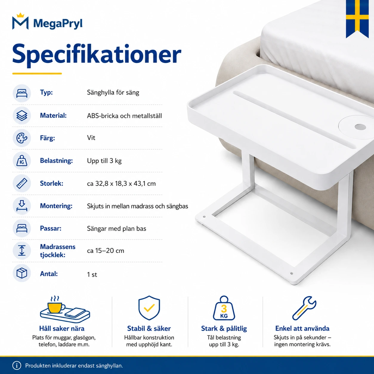Sänghylla för säng med mugghållare och hållare för mobil
