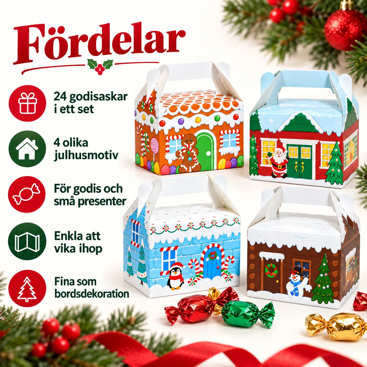 Godisaskar julhus för julgodis och små presenter, 24-pack