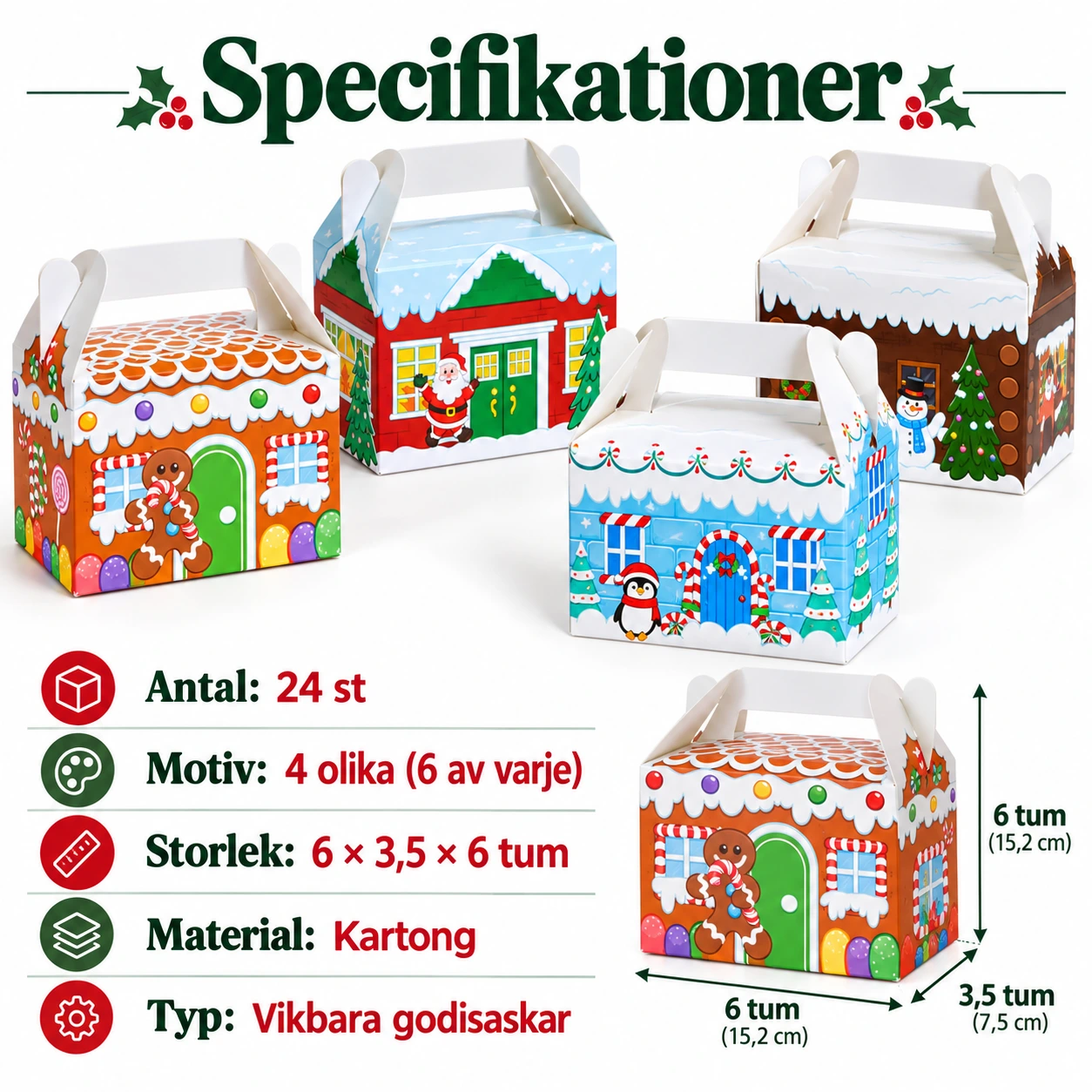 Godisaskar julhus för julgodis och små presenter, 24-pack
