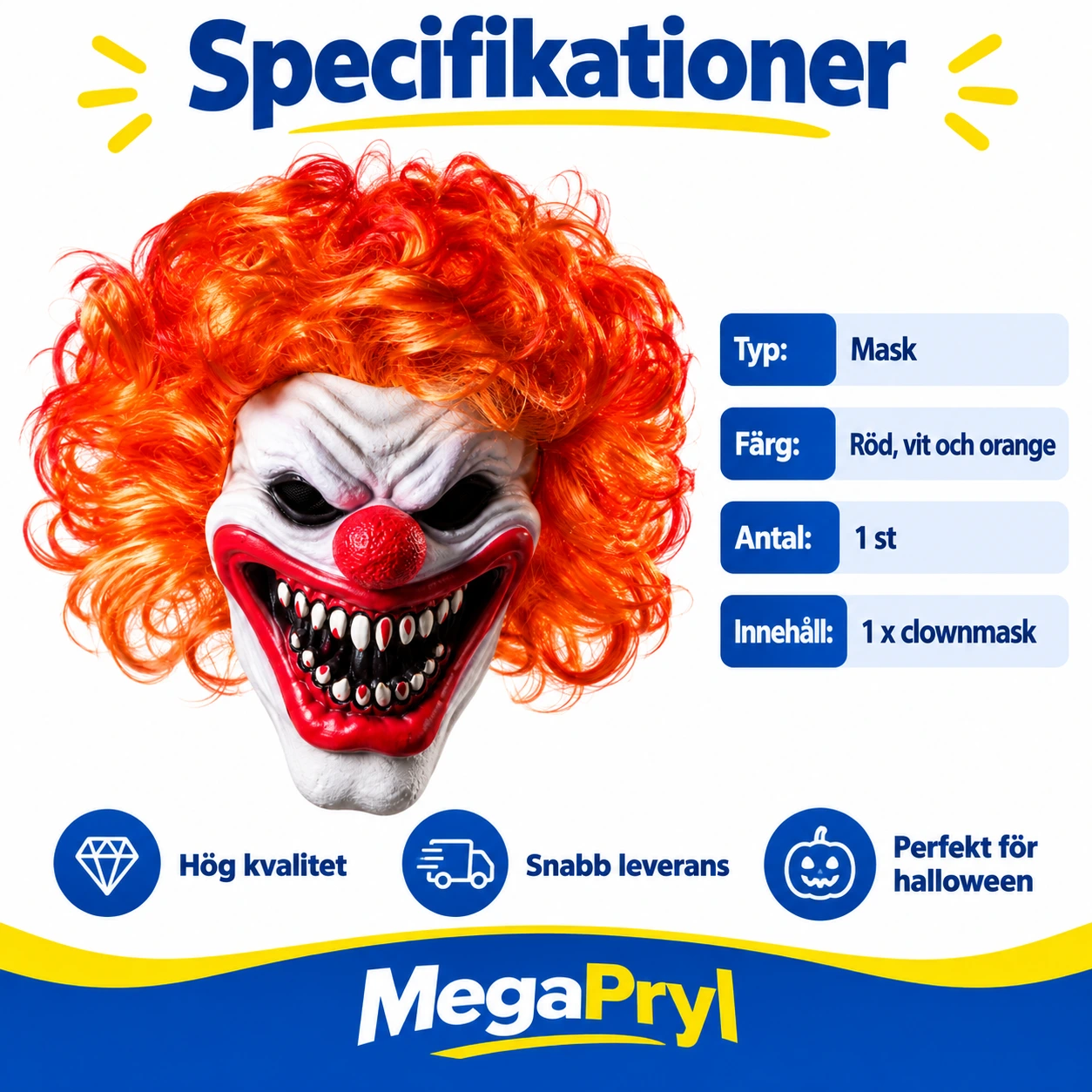 Läskig clownmask för halloween och maskerad
