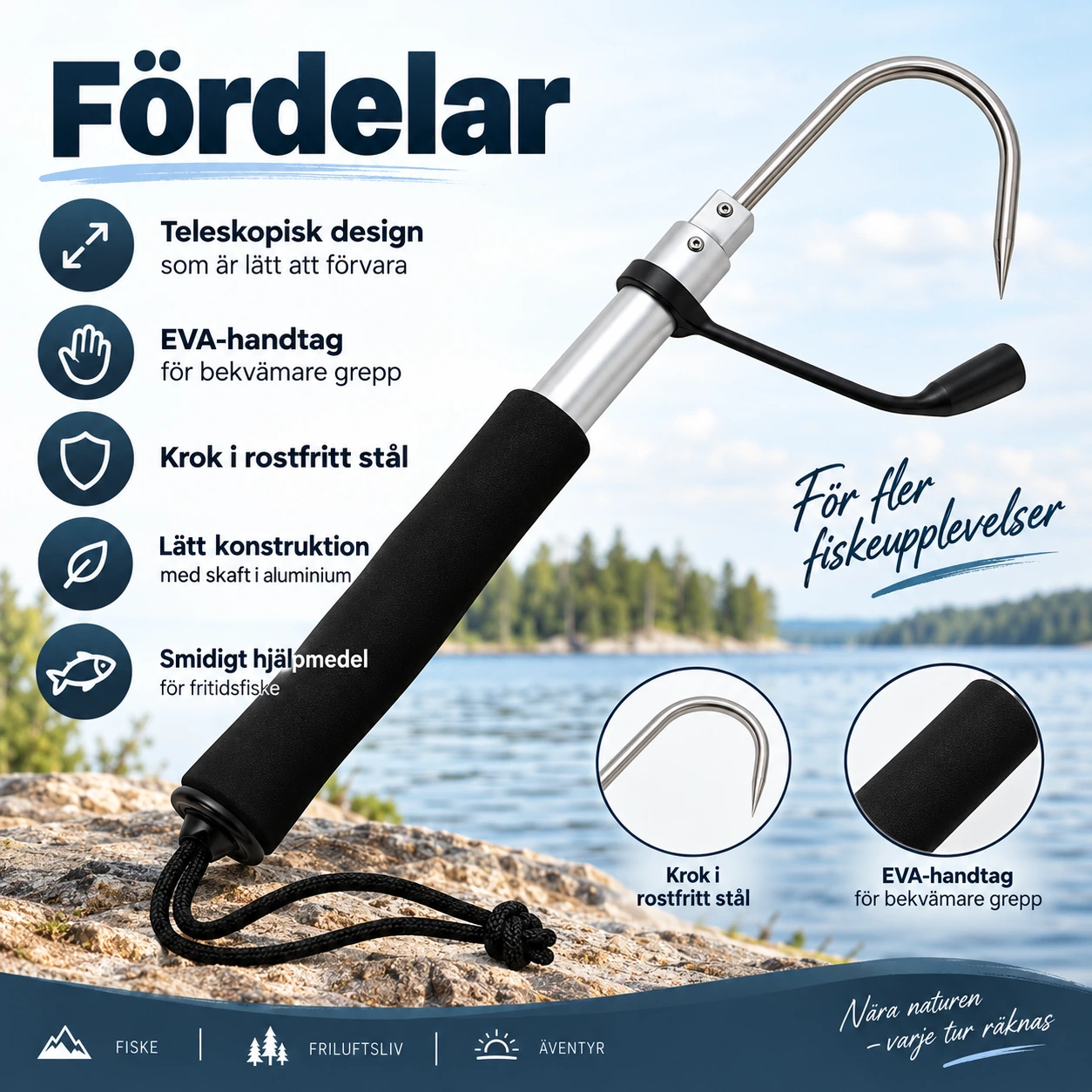 Teleskopisk fiskegaff med EVA-handtag