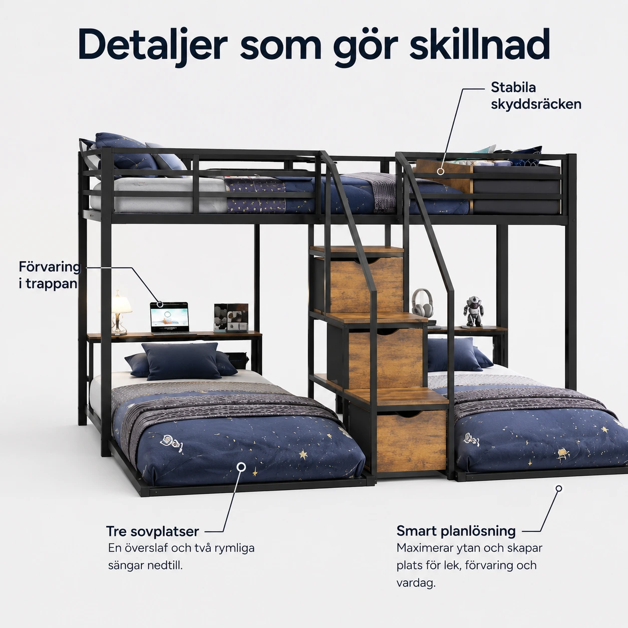 Våningssäng för tre med förvaring och trappa
